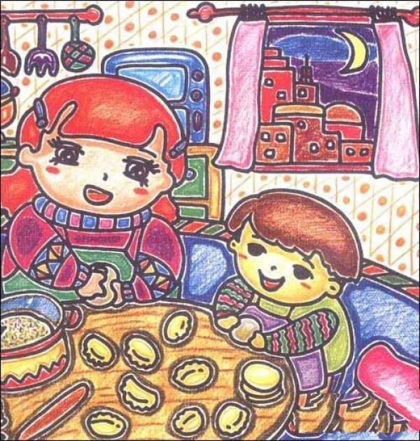 Childrens paintings pencil drawing-I help my mother make dumplings