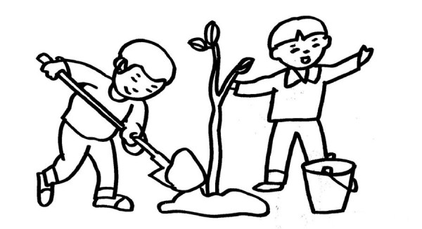 Simple drawing of little boy planting trees