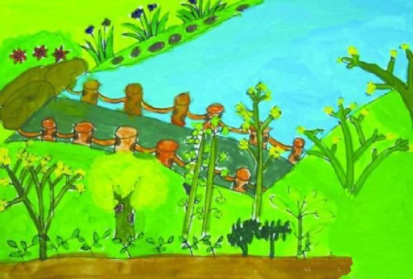 Childrens painting spring painting works for children - the green of the world