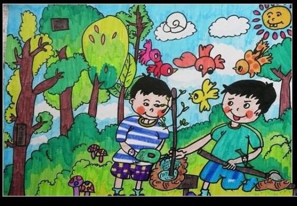 Two little boys planting trees Arbor Day childrens painting teachers painting