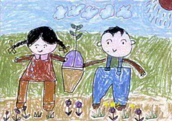 Childrens drawings about Arbor Day - Two people plant trees together