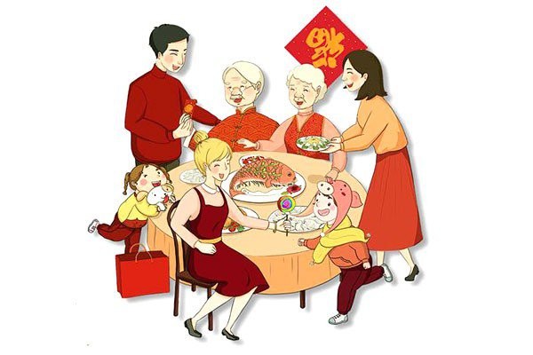 A set of New Years Eve reunion dinner illustrations