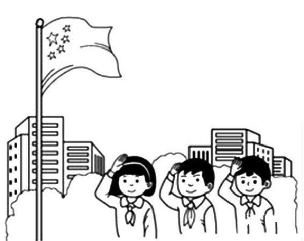 Simple drawing of primary school students raising the national flag