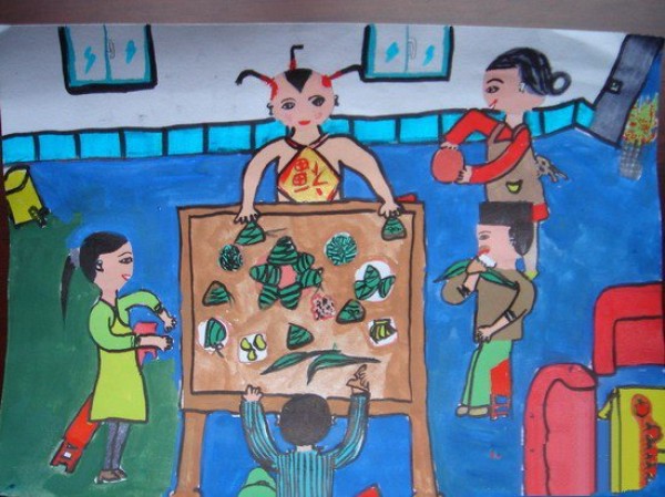 Childrens drawings about Dragon Boat Festival-lets make rice dumplings together