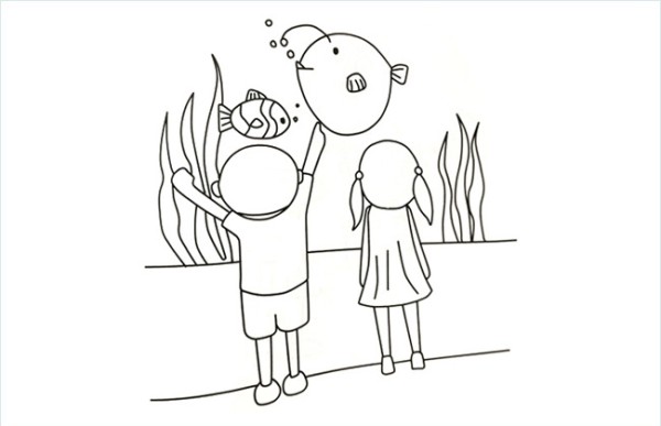 Simple drawing pictures of children visiting Nanjing Underwater World