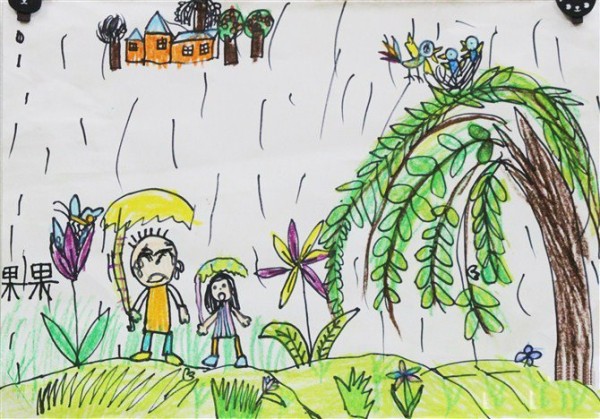 Childrens drawing pictures of Qingming Festival outing-feeling the spring rain