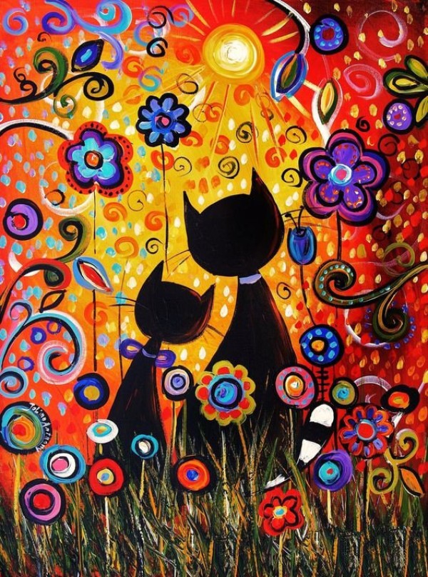 Valentines Day painting of a happy couple of cats