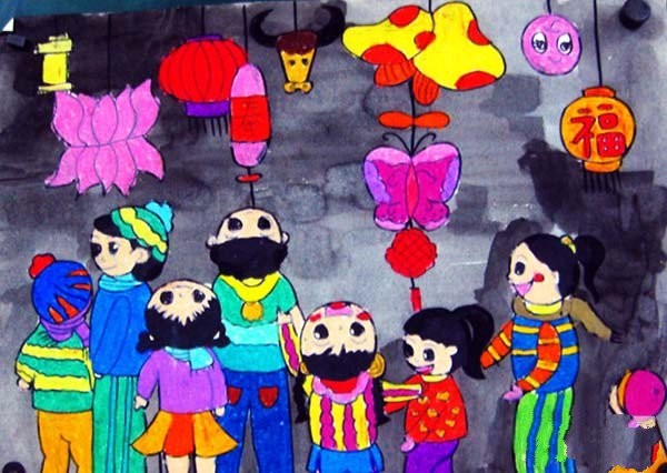 Childrens drawings of watching lanterns on the fifteenth day of the first lunar month in 2017