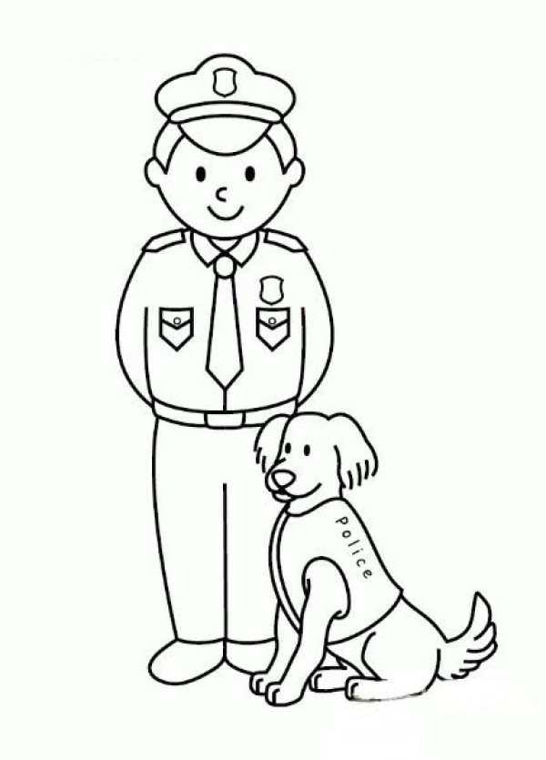 Simple drawing of policeman and police dog