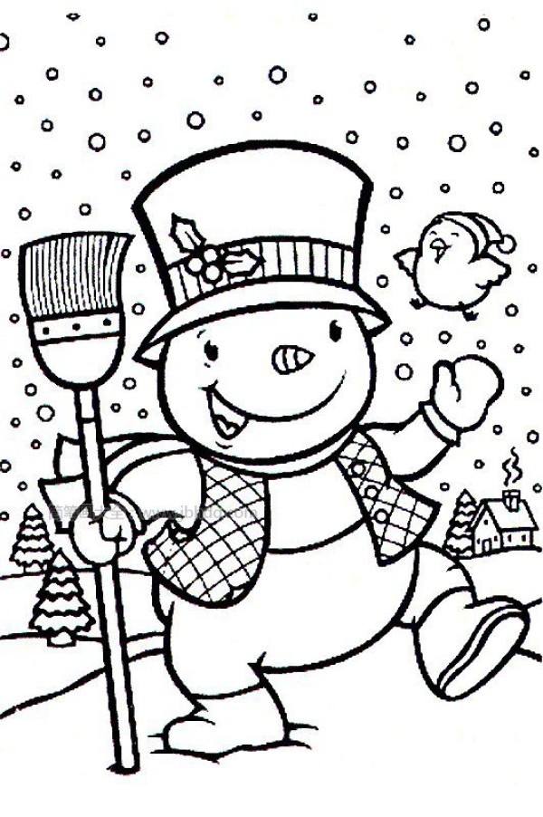 Simple drawing of snowman holding a broom