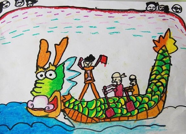 Appreciate pictures of dragon boat racing and Dragon Boat Festival paintings together