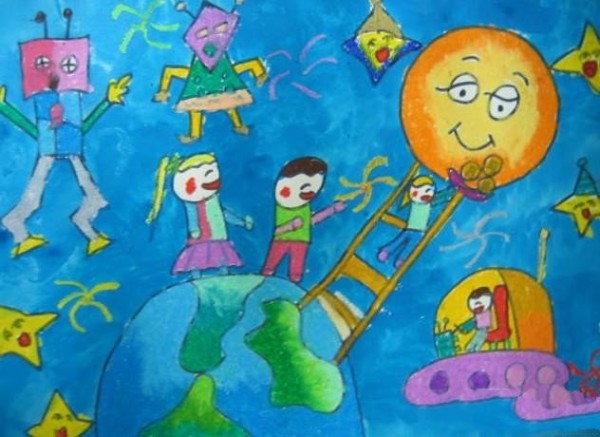 Mid-Autumn Festival themed childrens painting-going to see the moon on Mid-Autumn Festival