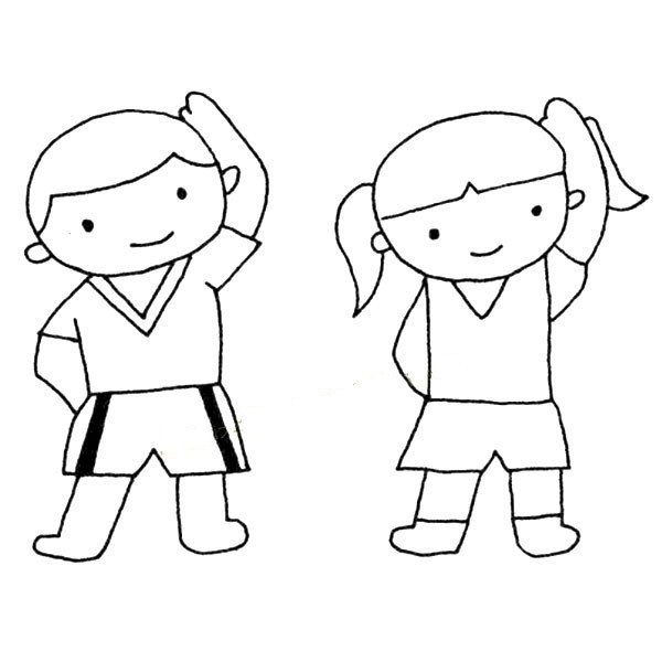 A group of simple drawing pictures of primary school students doing exercises