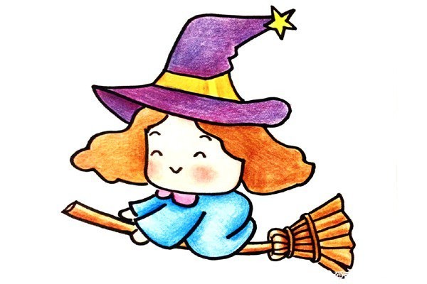 Simple drawing tutorial of the little witch riding a broom