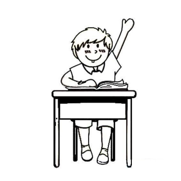 Simple drawing of a little boy raising his hand to answer a question