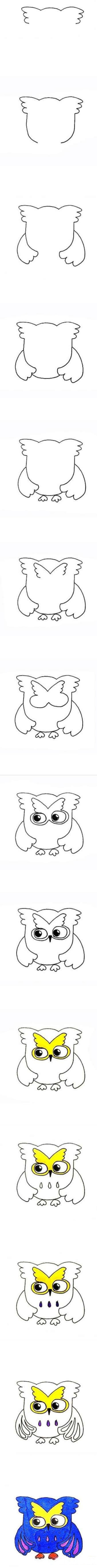 Simple drawing of cartoon owl with color