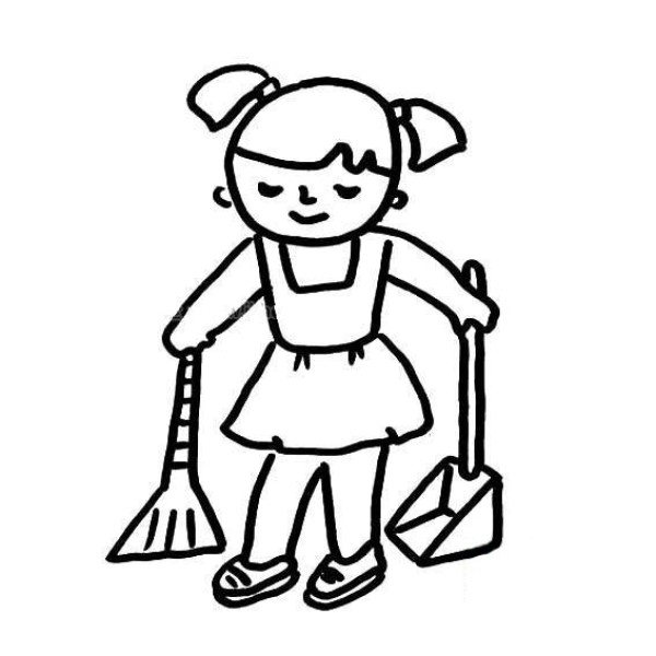 Simple drawing of little girl sweeping the floor