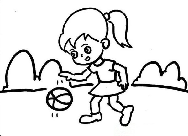 Children learn to draw characters. Little girl shooting a ball.