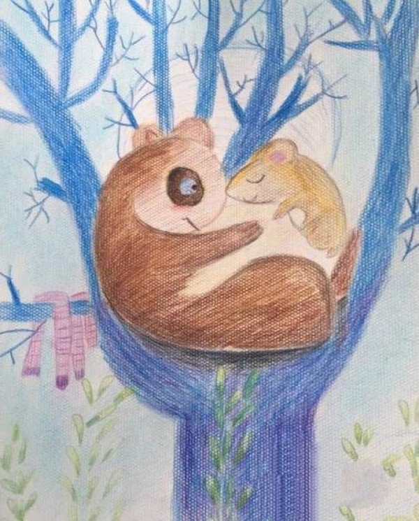 Mother hamster and her baby colored pencil drawing of animal works