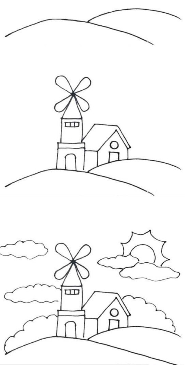 Simple drawing of windmill building on the top of the mountain