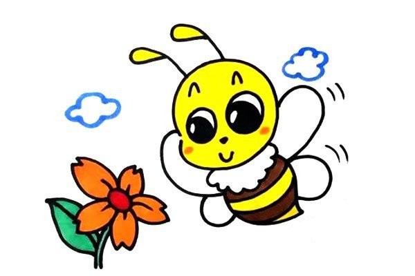 Simple drawing of little bee picking flowers