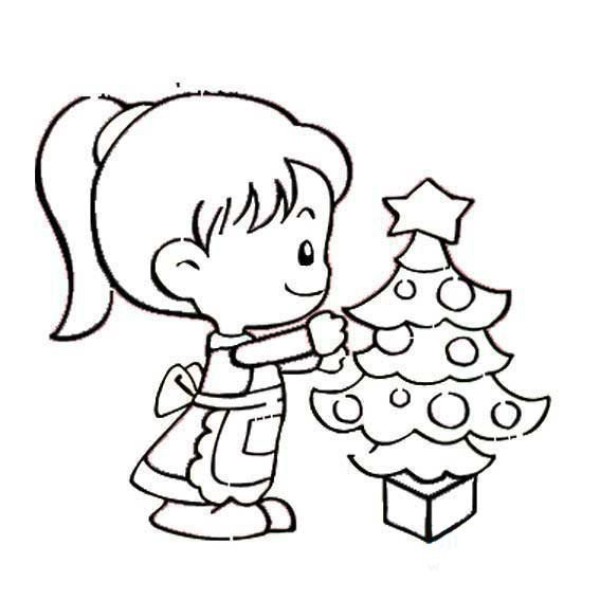 Simple drawing of little girl decorating Christmas tree