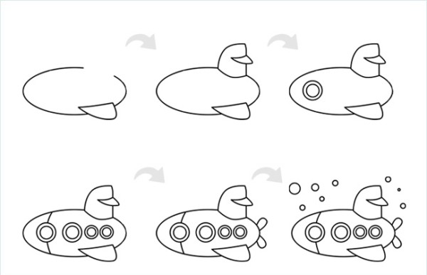 Steps to draw a simple sketch of a submarine