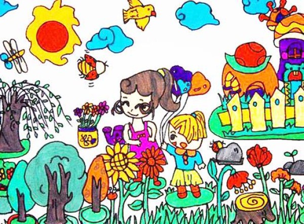 Spring childrens simple drawing pictures_beautiful garden