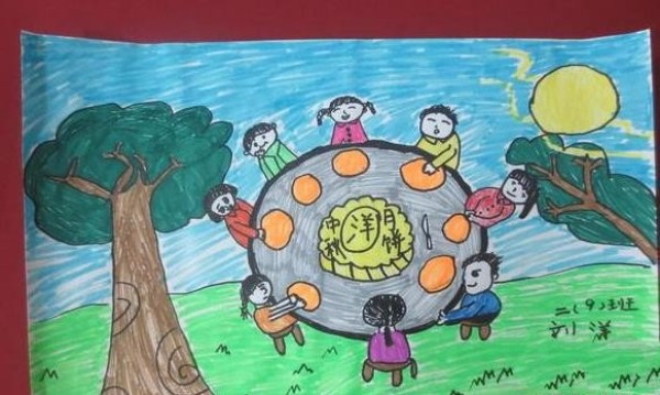 Childrens paintings with Mid-Autumn Festival themes-people become rounder when the moon is full