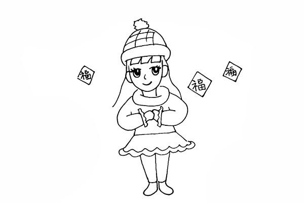 How to draw a little girl paying New Year greetings