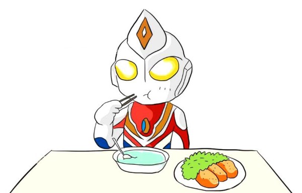 Cute Q version of Ultraman Dyna having breakfast