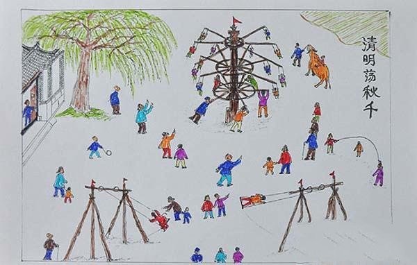 Childrens paintings of Qingming Festival customs: Swinging during Qingming Festival