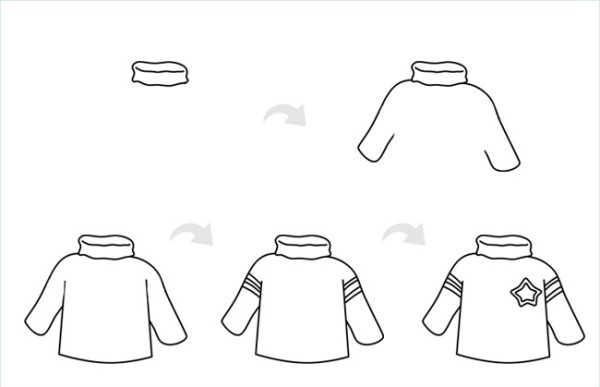 Step-by-step coloring tutorial for simple drawing of boys clothes