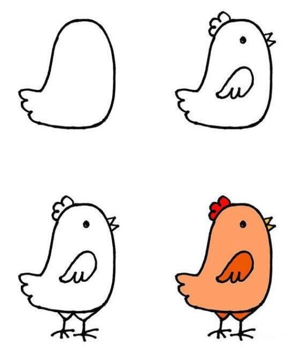 Step-by-step diagram for children to draw a chicken with simple strokes and colors