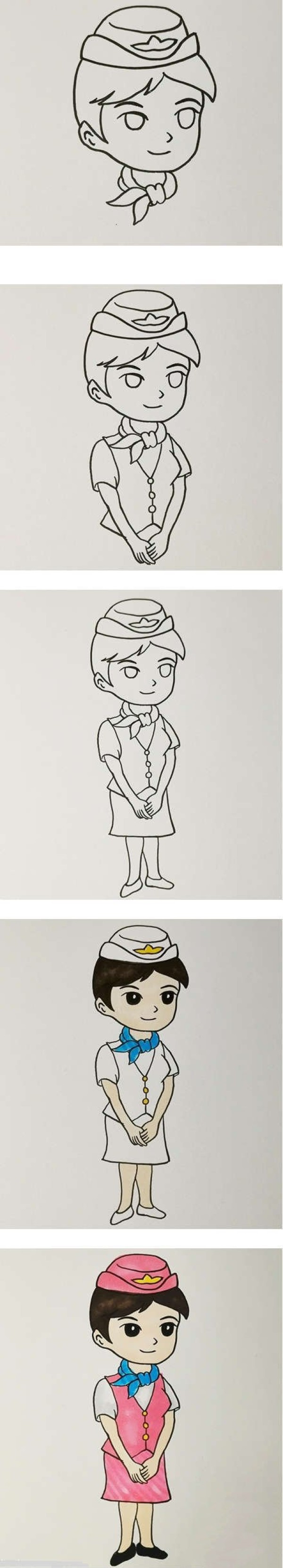 Hand drawn cartoon stewardess simple drawing