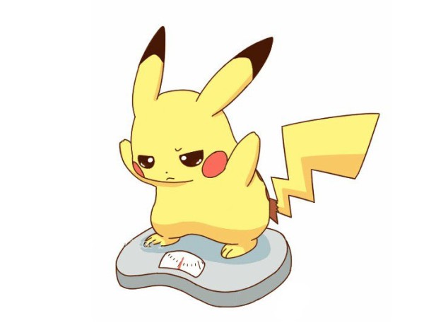 Pikachu is very sad when weighing himself