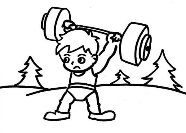 Simple drawing of little boy lifting weights