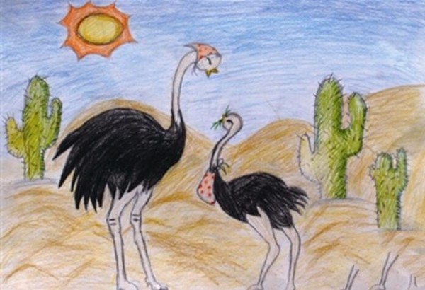 Sharing of Mothers Day drawings of an ostrich mother and her son, a junior high school student