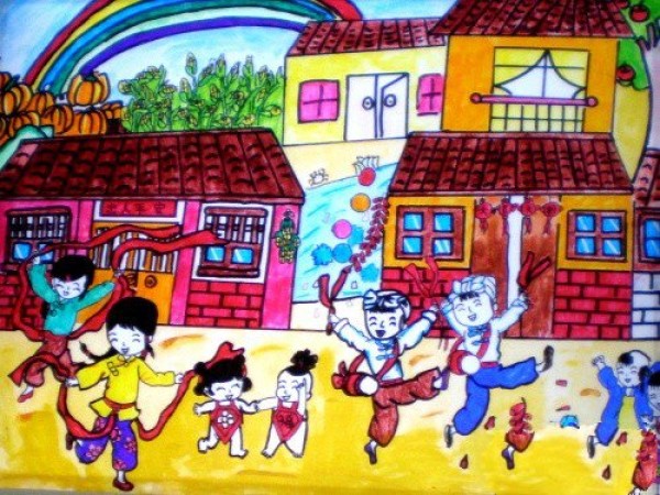 A complete collection of childrens paintings of Dragon Boat Festival-beating gongs and drums to celebrate the festival