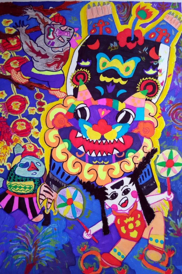 Lion Dance Celebrating Mid-Autumn Festival Painting