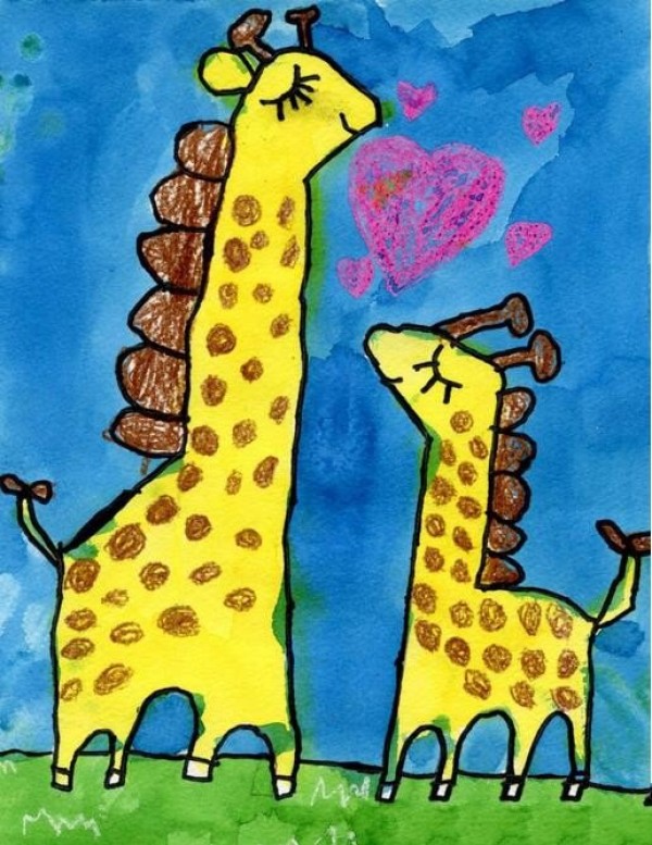 Appreciation of cute animal paintings of giraffe mother and son