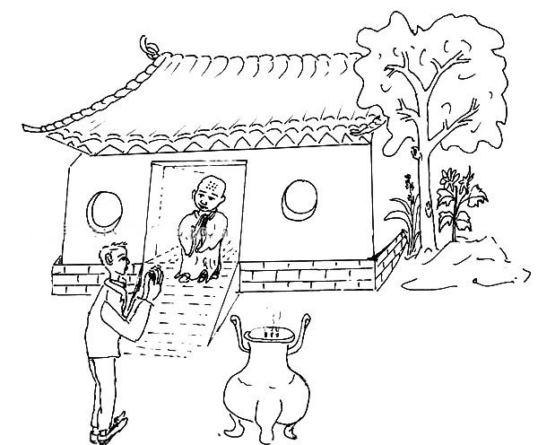 Simple drawing of Qingming Festival scene, offering incense in temple