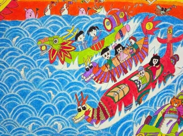 Fierce competition Dragon Boat Festival dragon boat racing childrens drawing pictures sharing