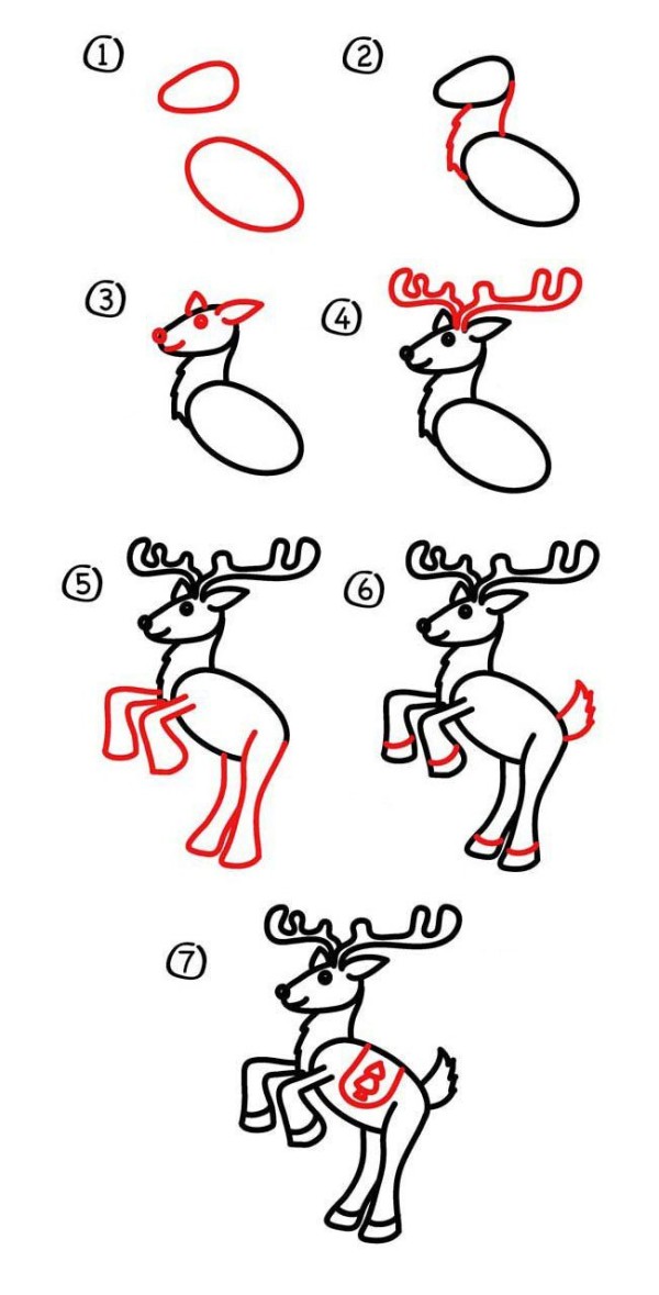 Simple drawing tutorial, step by step drawing of Christmas deer