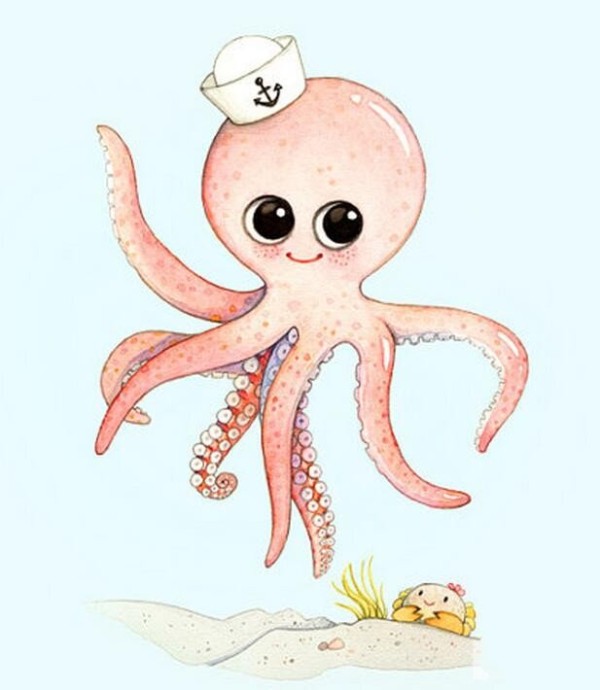 Eight-clawed octopus underwater world watercolor painting sharing