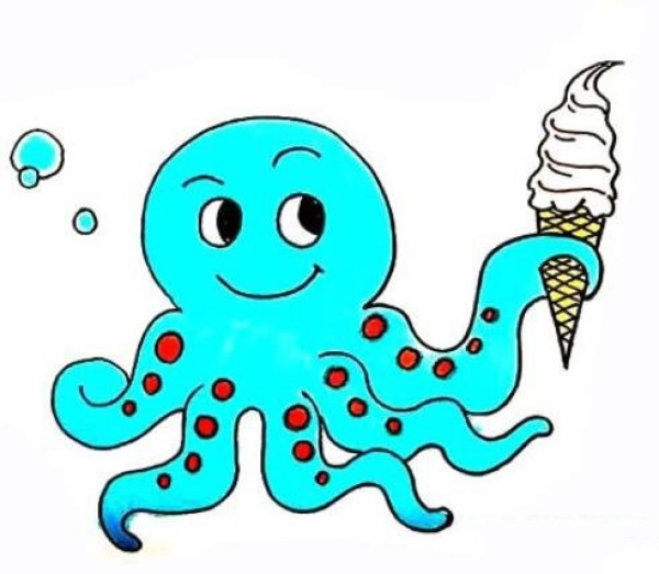 Simple drawing of cartoon octopus eating ice cream