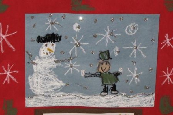 I play with the snowman and share a picture of childrens winter painting