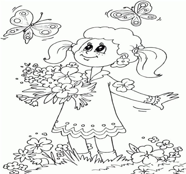 Simple drawing of little girl who loves flowers