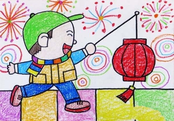 A complete collection of childrens oil pastel paintings for the Lantern Festival: Little boy holding a lantern