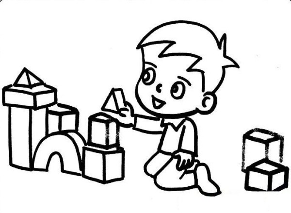 Simple character drawing little boy building blocks